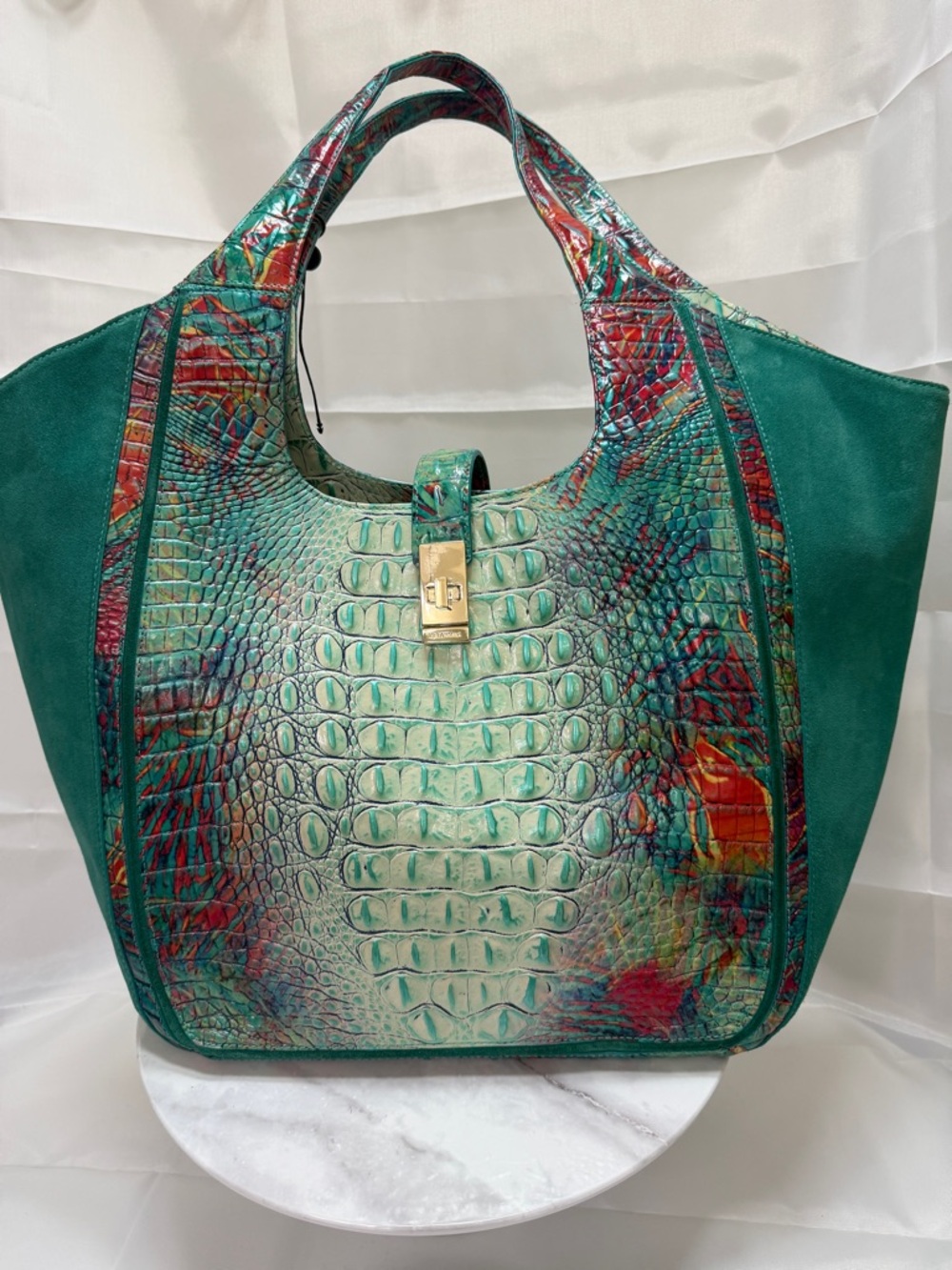NWOT~Brahmin Teal Multi Croc-Embossed Leather Tote